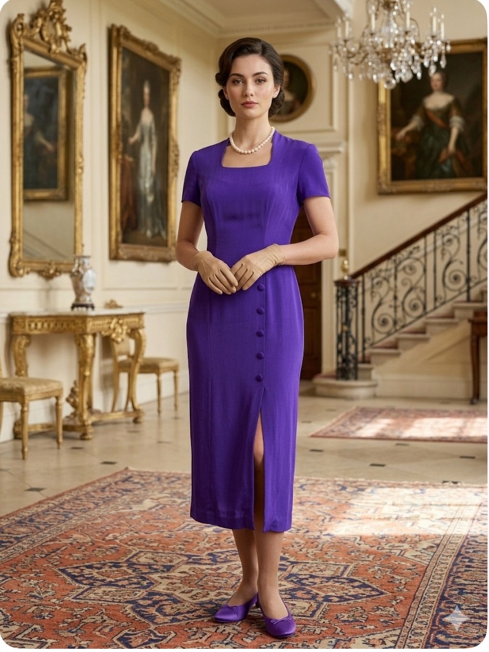 VTG Patrick Petite 100% Pure Silk Purple Midi Dress Side Slit Button Detail 6
